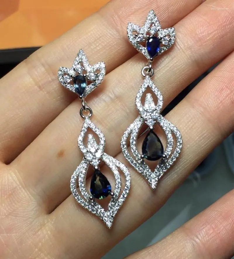 Dangle Earrings Fashion Natural Blue Sapphire Drop Gemstone Luxury Big Water Long Lotus 925 Silver Female Jewelry