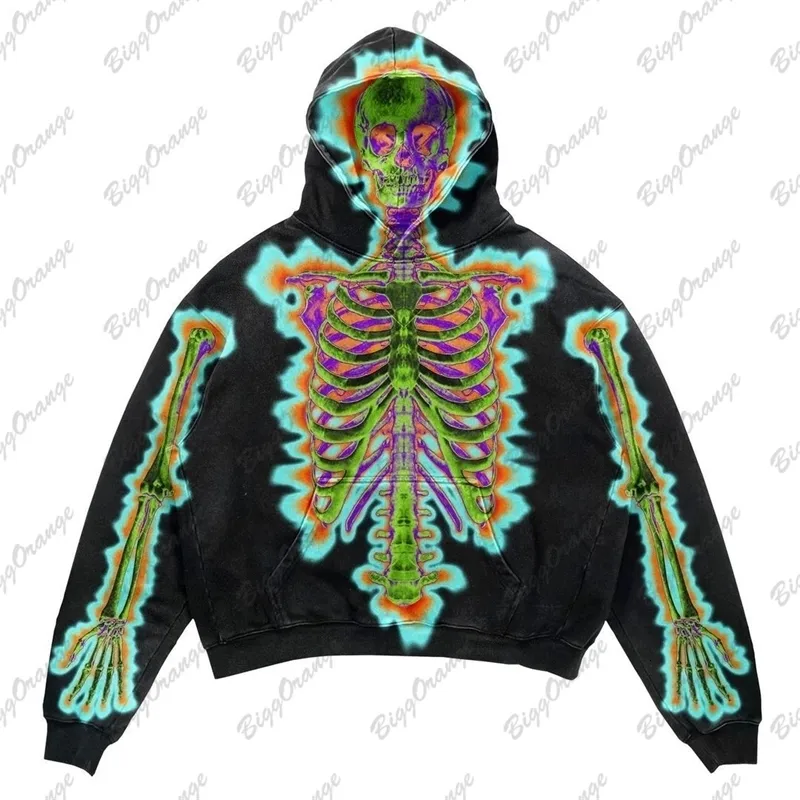 Mens Y2K Electric Shock Dark Skeleton Hooded Sweatshirt For Street