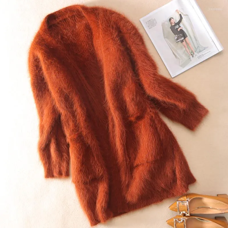 Cardigan en cachemire de vison véritable pour femme, tricot doux et moelleux, manteau Angola, épais, JN564, hiver 2023
