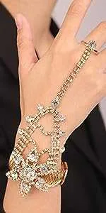 rhinestone flower chain link rings bracelet crystal gorgerous bracelet finger ring 