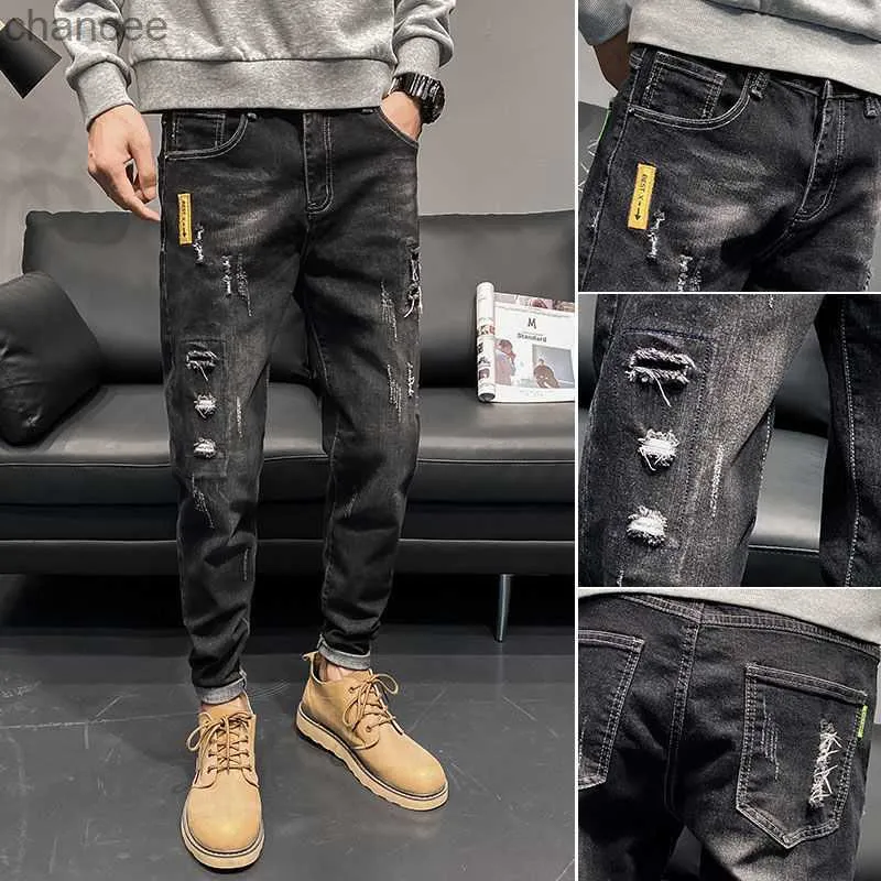 Calças cônicas quebradas pretas com buracos jeans masculinos rasgados homem cowboy calças verão algodão punk perna larga luxo estética s hkd230829