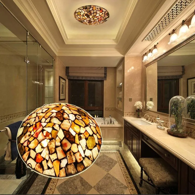 Plafonniers Lumière Vitrail Encastré 16 pouces 3 Lumières Lampe En Mosaïque En Pierre Naturelle Pour Couloir Entrée Salle De Bain