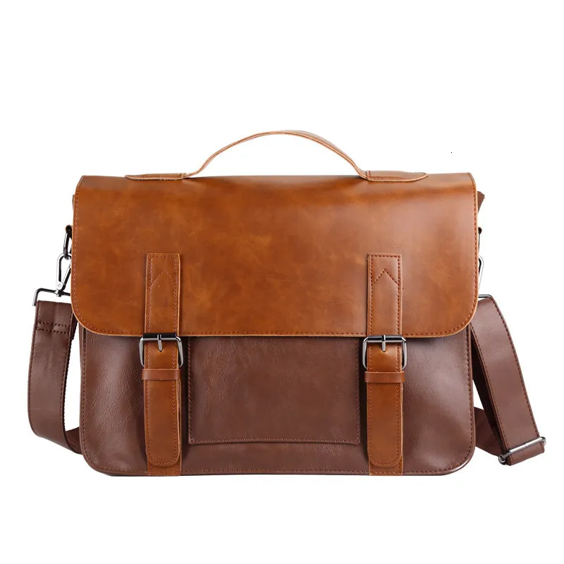 Laptop Bags Vintage PU Leather Men Briefcases Business File Document Handbag Luxury Bag Large Capacity Male Shoulder Messenger 230828