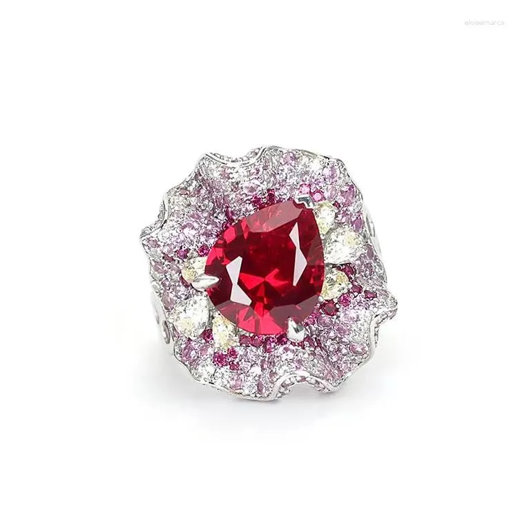 Anelli a grappolo in argento sterling 925 con colori fiore per le donne Trendy metallo intarsiato bianco rosso pietra anello nuziale gioielli di fidanzamento