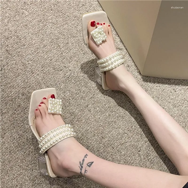 Slippers Summer Designer Lolita String Bead Pearl Transparent Pumps Women Mid Heels Ladies Slides Fad Sandals Flip Flop