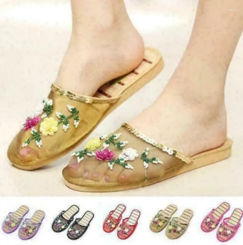Slippers Dames Chinese Mesh Bloemen Slides Slip On Flats Flip Flop Loafers Muilezels