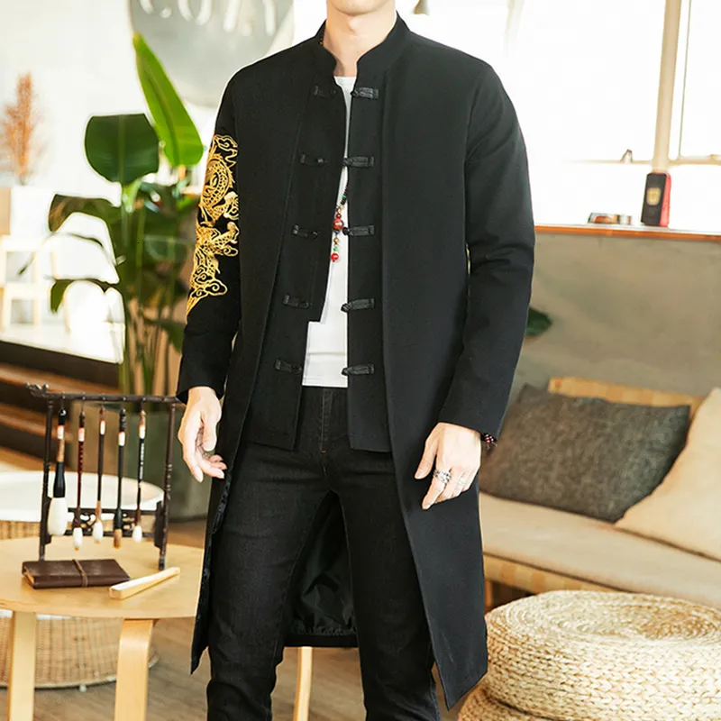 ジャケット・アウター S stand embroidery trench Men's Long Trench Coat with Golden Dragon Embroidery Stand Collar