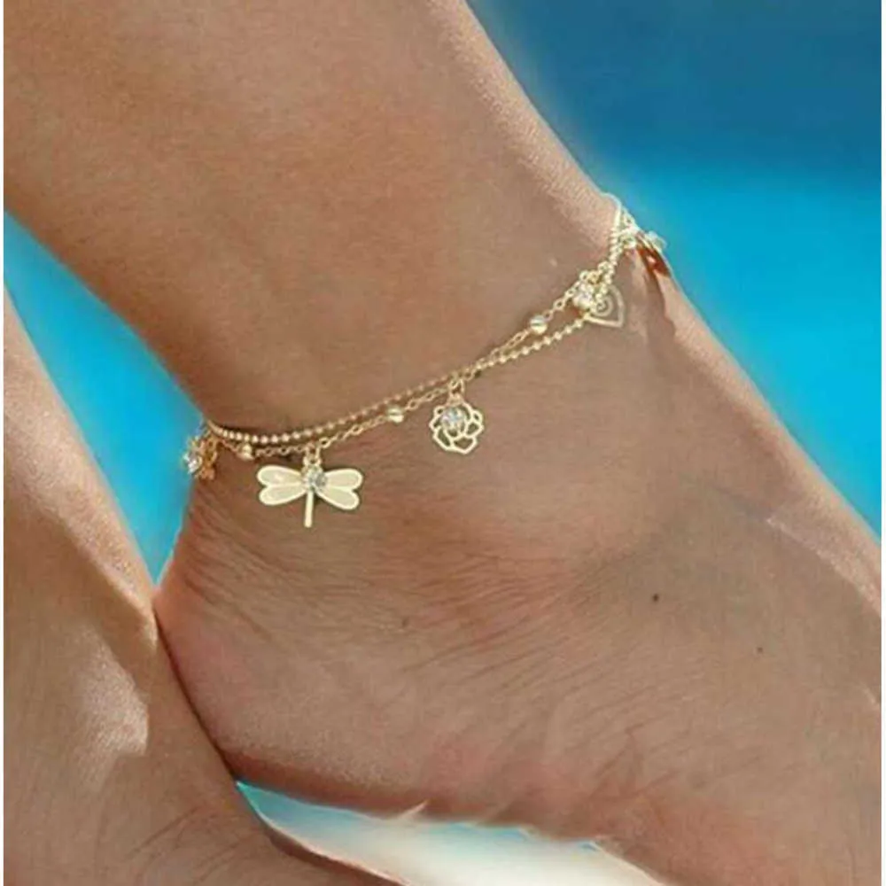 Tobillera bohemia dorada, joyería para pie de playa, cadena para pierna, hojas de libélula y mariposa para mujer, sandalias descalzas, pulsera de tobillo para pies