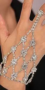 silver hollow rhinestone crystal finger ring chain link bracelet glitter hand jewelry 