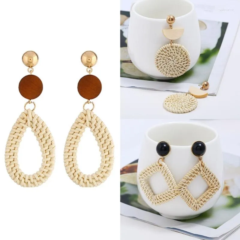 Stud Oorbellen Rotan Boho Handgemaakte Geweven Rieten Hoop Dangle Earring T8DE