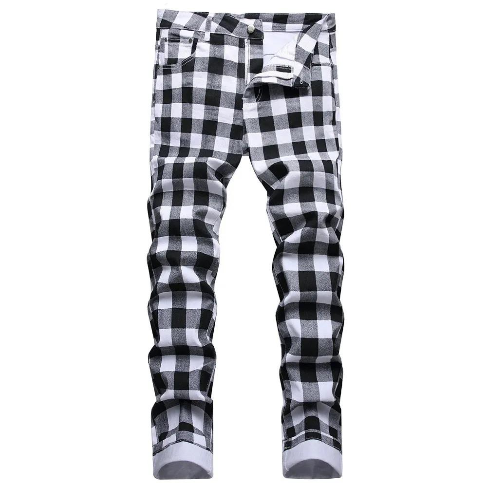 Jeans pour hommes noir et blanc imprimé à carreaux mode chèque impression numérique pantalon droit mince pantalon extensible 230828