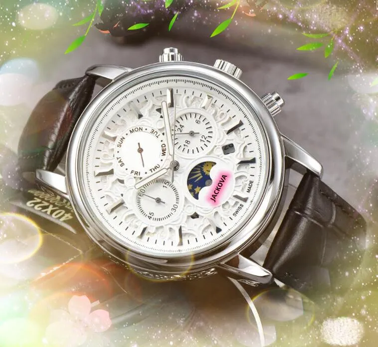 haut de gamme lune étoile squelette cadran chronomètre montres hommes quartz chronographe mouvement horloge ceinture en cuir populaire européen montre fonctionnelle complète montre de luxe cadeaux