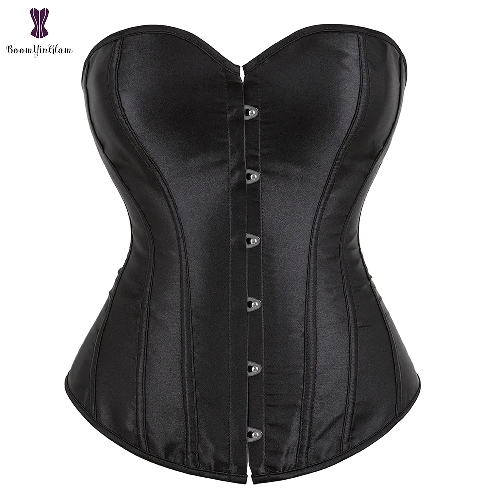 Waist Tummy Shaper Satin Overbust Corset Simple Elegant Black White Blue Bustier Plastic Boned Gothic Gorset Sexy Plus Size Busk Brocade Korset 230828