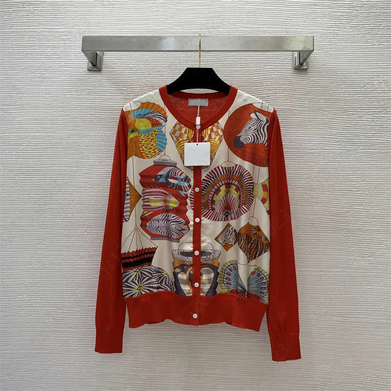 Geometric Print Wool Blend Cardigan - Long Sleeve, Round Neck, Spliced ...