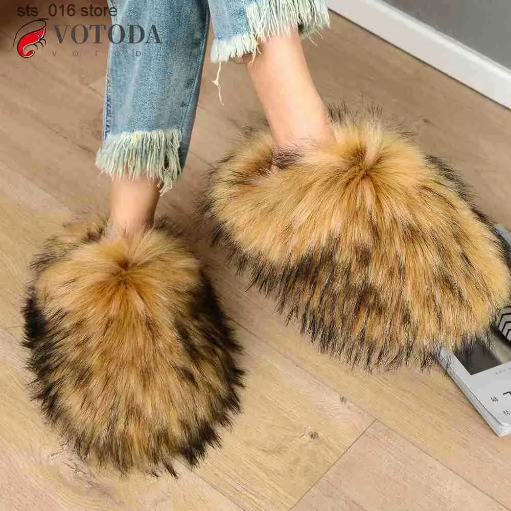 Slippers New Winter Women Women Furry Raccoon Fox Slides