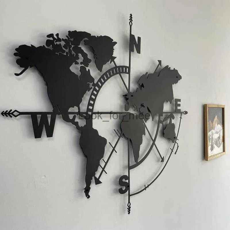 Metal World Map Wall Art Compass Design Wall Decor Hanging Art For Home Office School room Living Room Bedroom Decorations HKD230828