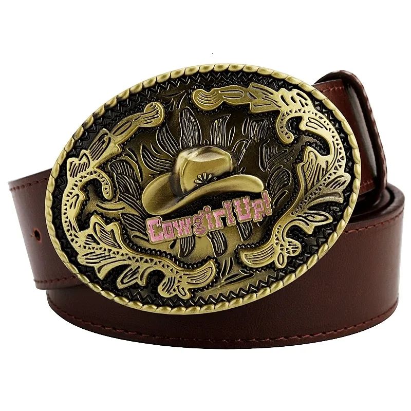 Western Cowgirl Belt with Gold Buckle, Faux PU Leather, Brown Floral Yalice Women Western Belt Brown Leather Belts for Jeans  main image 2