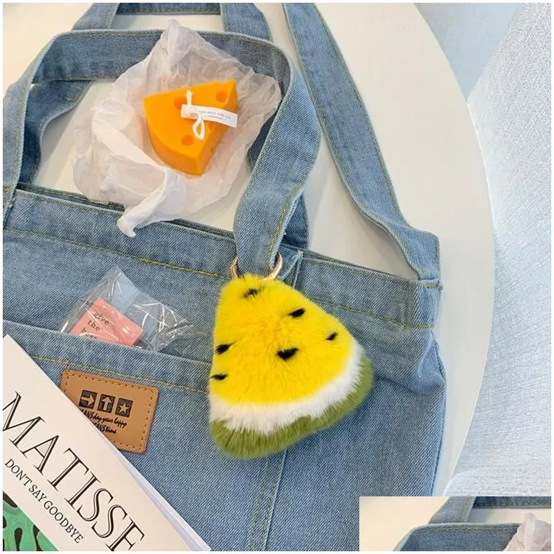 Keychains Fluffy Keyring Female Bag Hang Pendant Key-Chains Car Watermelon Fruit-Bag Real Rex Fur Accessories