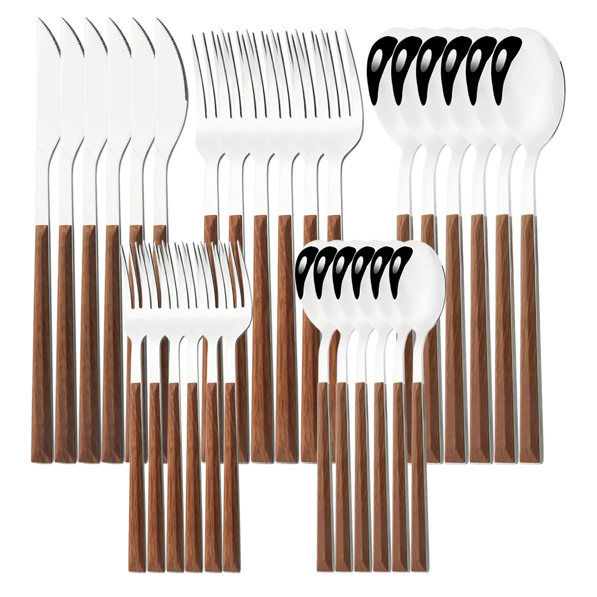 Zestawy naczyń obiadowych 2430pcs imitacja Drewniana rękojeści Zestaw sztućców ze stali nierdzewnej Stoli Stale Fork łyżki Silverware Western Flatware 230828