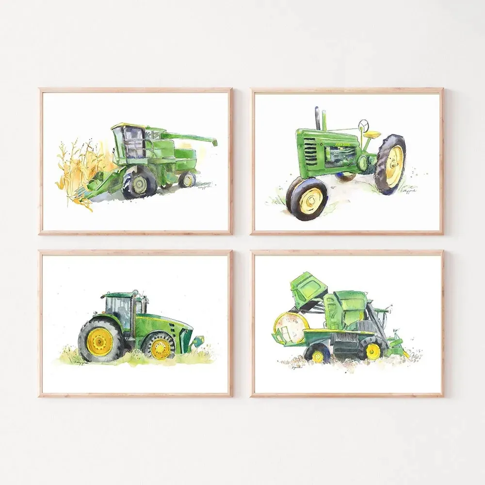 Peinture sur toile Tracteur Vert Combiner Dessin Animé Cueilleur De Coton Affiche Nordique Moderne Art Imprimer Image Murale Pour Ferme Enfants Chambre Salon Décor Cadeau Sans Cadre Wo6