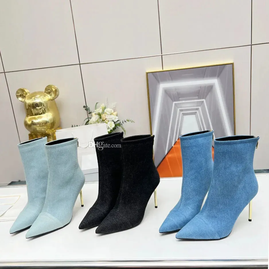 Kolor dżinsy dżinsowe buty z suwakiem wskazane stóp stiletto obcasy botki drukowane skórzane podeszwa luksusowe designerki Chelsea but Factory rozmiar 35-42 z pudełkiem