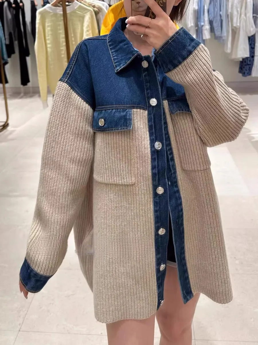 San*Dro Denim Patchwork Jacket: Color Blocked Collar Shirt San*Dro Denim Patchwork Jacket: Color Blocked Collar Shirt