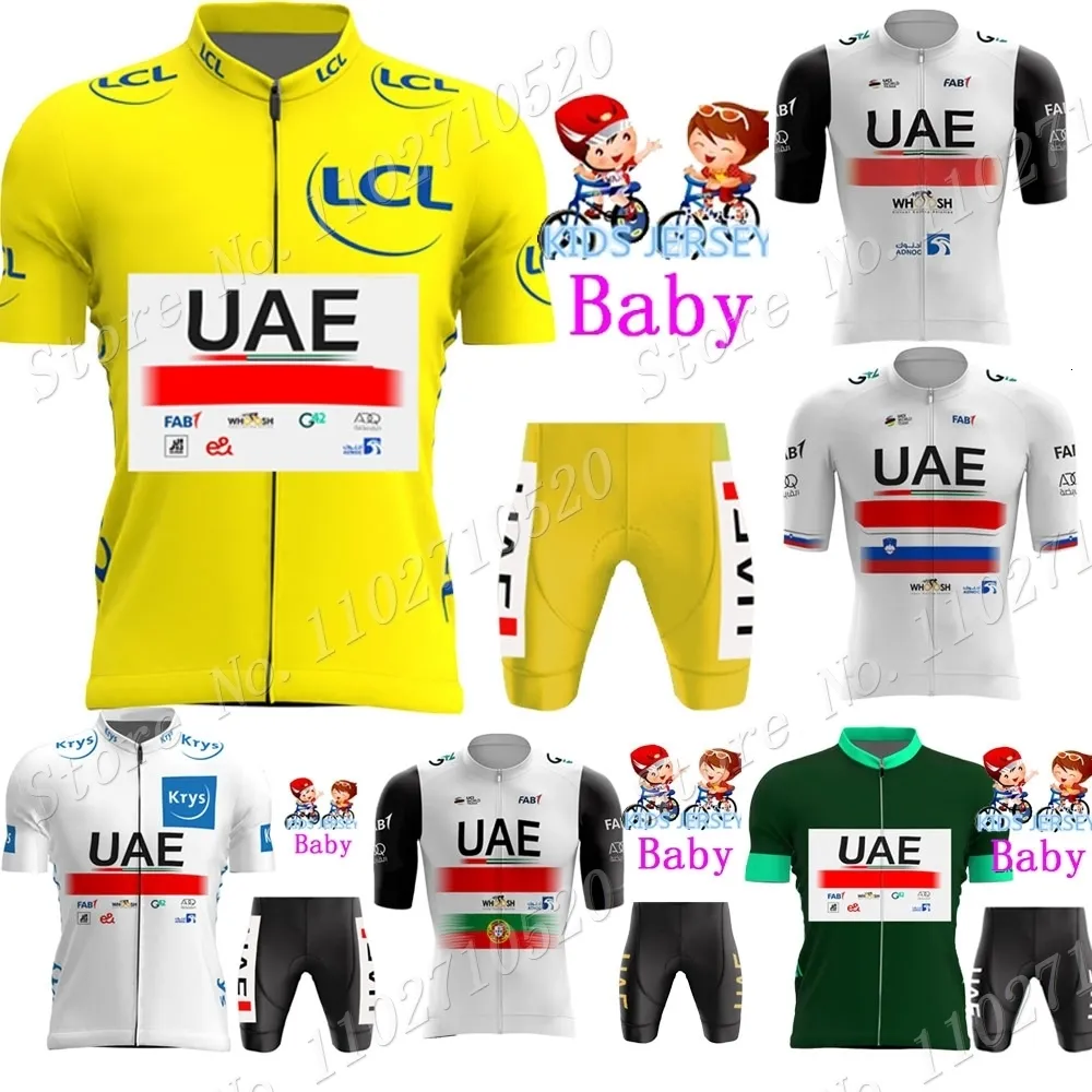 Conjuntos de camisa de ciclismo crianças equipe dos Emirados Árabes Unidos camisa de ciclismo conjunto meninos meninas verde tdf roupas de ciclismo crianças terno mtb ropa maillot 230828