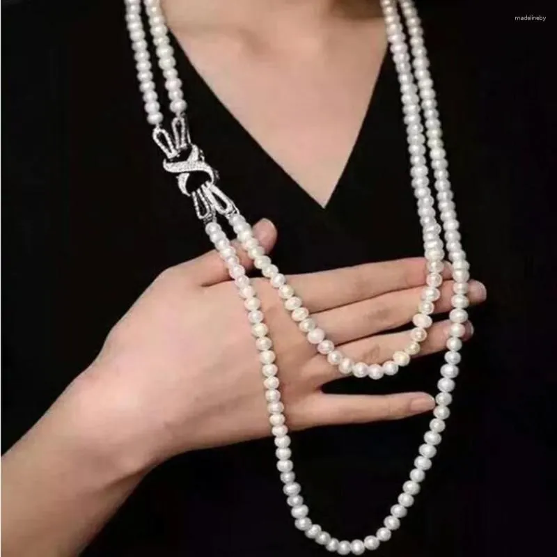 Chaînes nouées à la main 2 rangées collier naturel 8-9mm chaîne de pull de perles d'eau douce blanche presque ronde 20-24 pouces