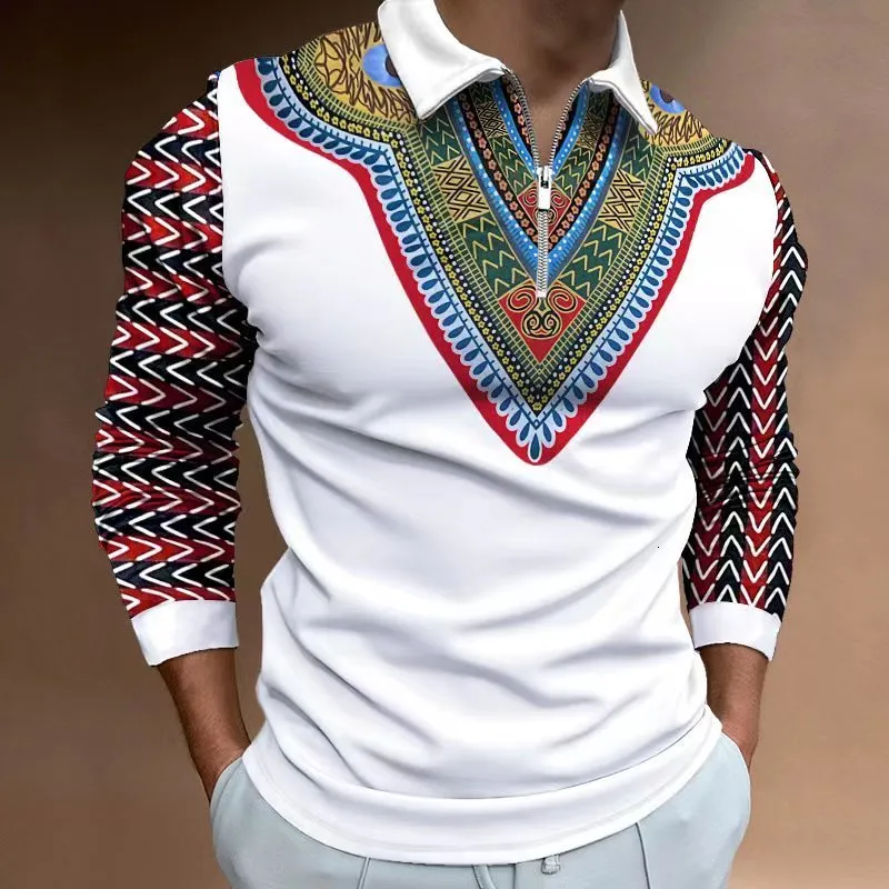 Mens Polos Autumn Printed Fashion Polo Shirt With Lapel Zip For Men Slim Casual Top Vintage 3Dprinted Clothing 6xl 230829