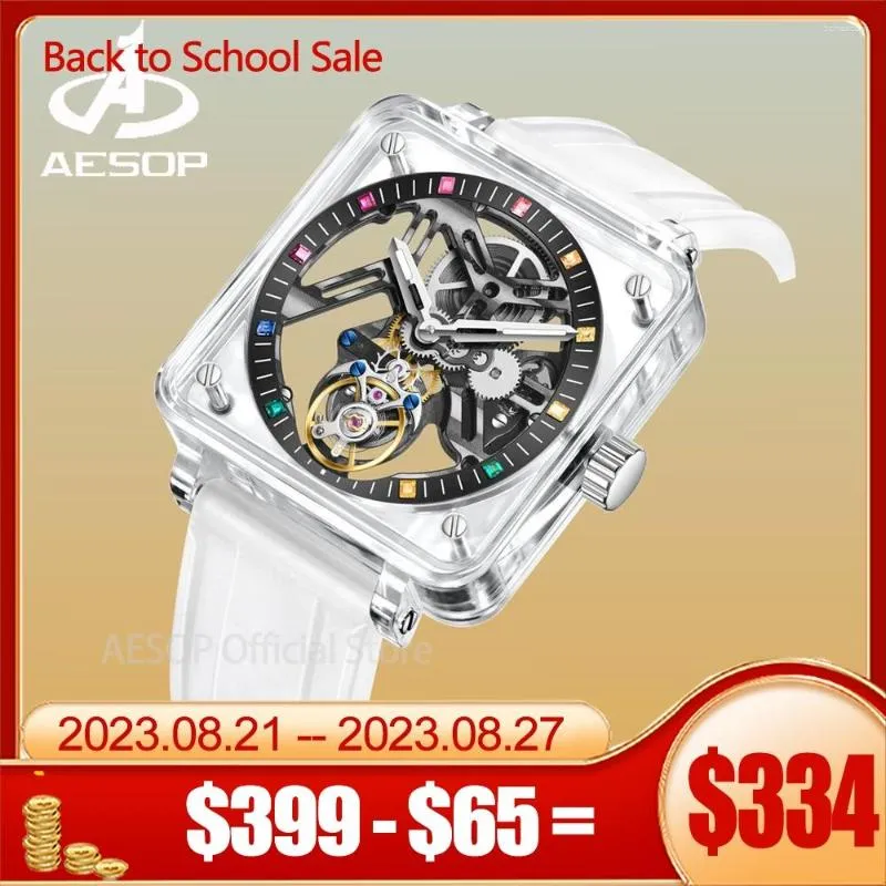 Orologi da polso AESOP Flying Tourbillon Skeleton Meccanico Zaffiro Orologi di lusso Orologio impermeabile da uomo Movimento Cassa trasparente in cristallo