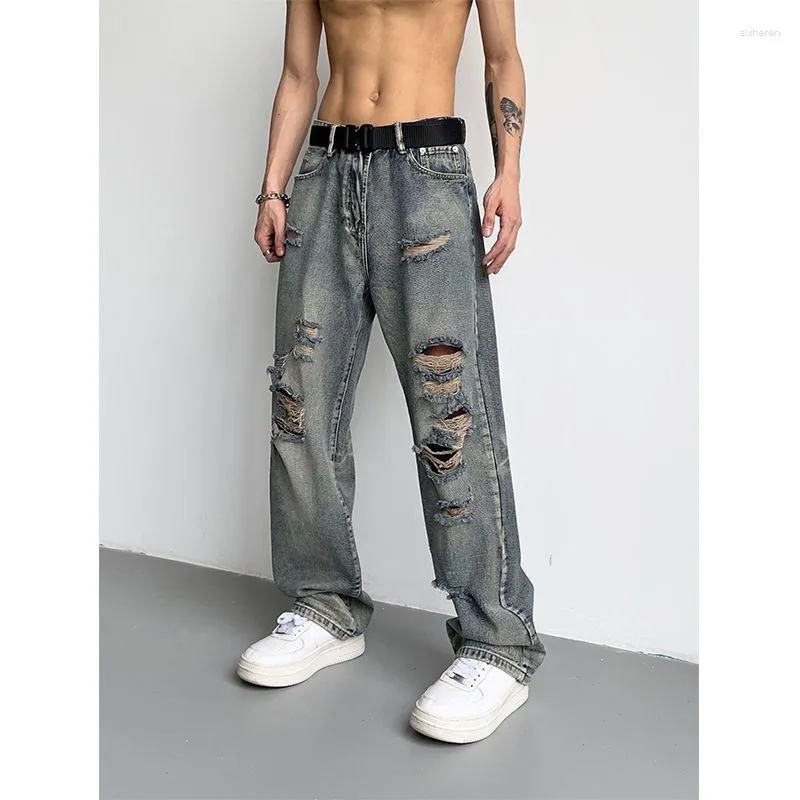 Herren Jeans Lose Street Style Gerade Cargohose Männer Mode Breite Bein Overalls Retro Trend Freizeit Löcher Jugend Denim Hosen A24