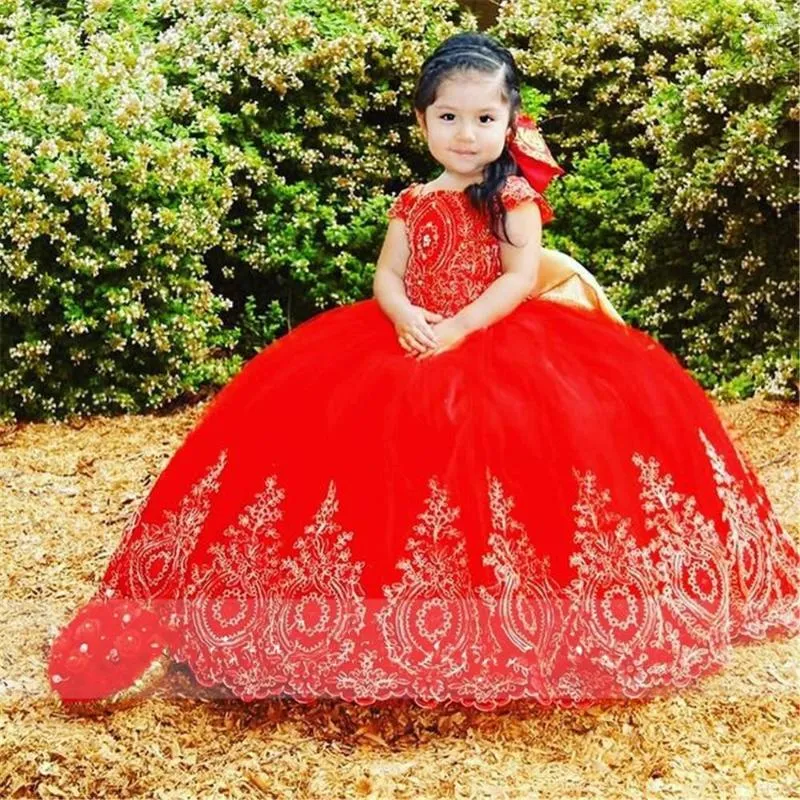 Girl Dresses Flower Girls For Weddings Lace Applique Illusion Neck Beaded Hollow Back Floor Length Kids Birthday Pageant Gowns
