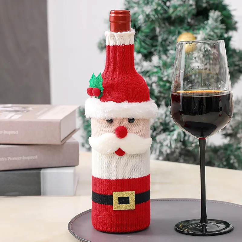 Knitting Wine Bag Holder Wine Bottle Cover Christmas Decoration Santa Claus New Year Party Champagne Holders Christmas Gift Bags Home Table Decoration