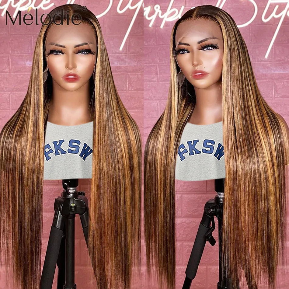 Perruque Lace Frontal Wig naturelle sans colle, cheveux lisses à reflets, 34 pouces, couleur blond miel, 13x6, 250%, 100% cheveux humains, pour femmes