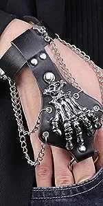black pu leather skull bracelet chain link finger ring halloween cosume hand jewelry