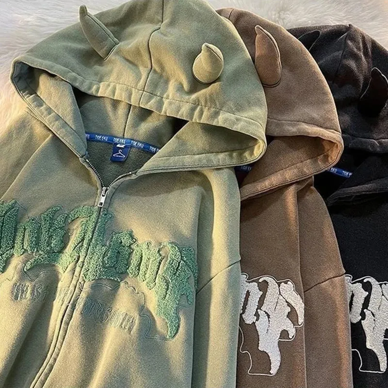 Mens Hoodies Sweatshirts Zipper Hoodie Cute Horn Letter Embroidery