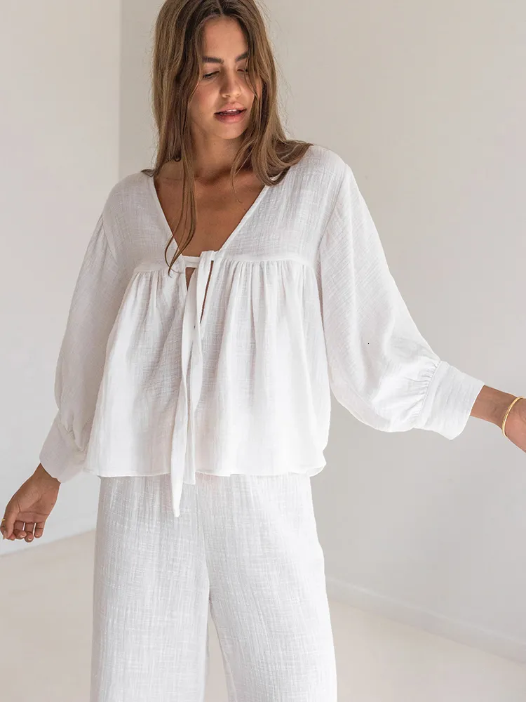 Vêtements de nuit pour femmes Linad coton 2 pièces ensembles de nuit vêtements de nuit trois quarts manches col en V à lacets pyjamas pantalons amples costumes femme 230828