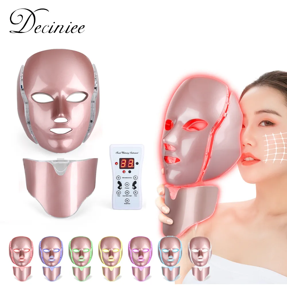Gezichtsmassageapparaat 7 kleuren LED-masker met nek Gezichtsverzorging Behandeling Schoonheid Pon-therapie Huidverjonging SPA Anti-acne rimpels verwijderen 230828
