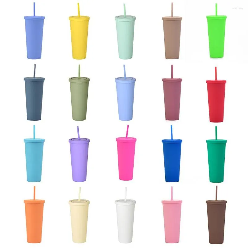 Vattenflaskor 20 färger 700 ml Dubbelskikt frostat plaststrå kopp med lock kaffe dricker utomhus för sport camping