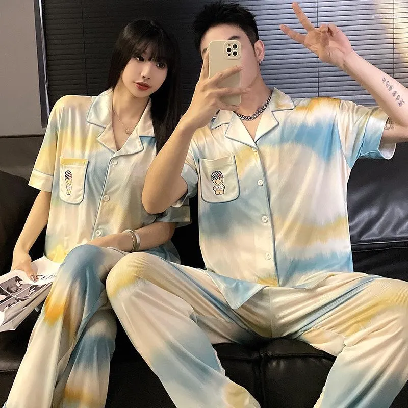Men's Sleepwear Fashion Pajamas Suit Women Men Ice Silk Short Sleeves Home Clothes Couples Satin Cool Summer Male Female Pjs