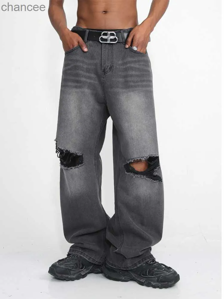 Y2k-Herrenjeans, beschädigte Denim-Jeans mit Knierissen, lockere Passform, Distressed-Baggy-Jeans, schwarze Cargohose für Herren, HKD230829