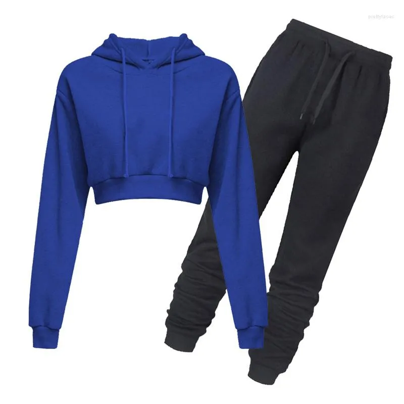 Calças femininas de duas peças Mulheres Sólidas Hoodies Tracksuits 2 Peças Conjunto Moletom Sweatpants Terno Midriff-Baring Casual Sportwear Feminino