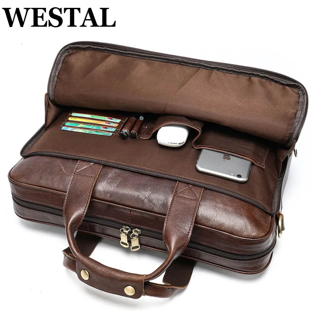 ラップトップバッグWestal Men's Leather Bag Office Messenger Briefcase Man本物の156 "ラップトップ男性ハンドバッグクロスボディ14コンピューター230828