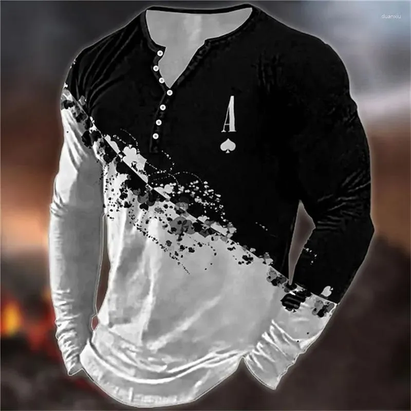 Camisetas para hombre, camisa Vintage, Camiseta con estampado 3D de bloques de Color, Camisetas de manga larga a la moda para hombre, Camisetas de otoño, Tops con botones y cuello redondo