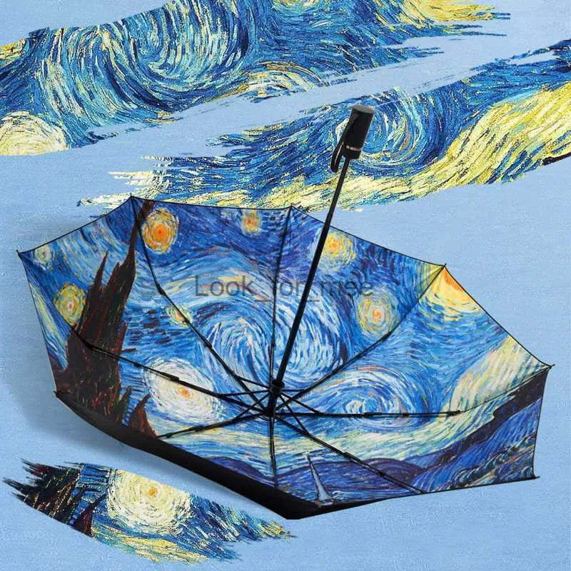 Målare van Goghs målning Starry Sky 3 D tryckning Vikning Paraply Rain Girl Paraply Rain Women Girls Paraplyer HKD230828