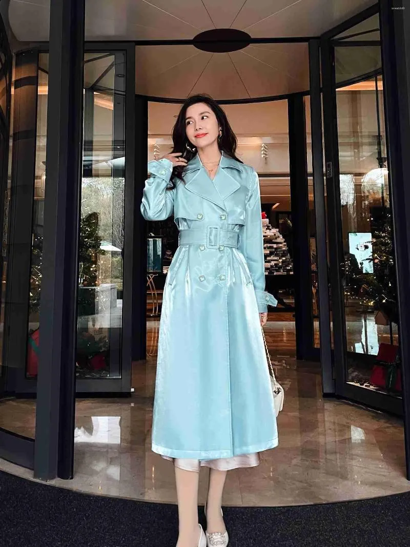 Trench coats femininos luz cetim vitrificado verde menta primavera/verão temperamento suave cintura francesa cintura comprimento médio casaco corta-vento