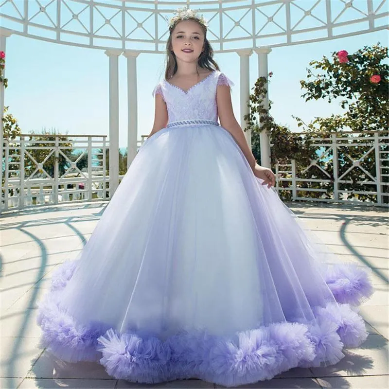 Girl Dresses Luxury Ball Gown Flower V-Neck Fluffy Tulle Sleeveless Girls Pageant Gowns First Holy Communion Party