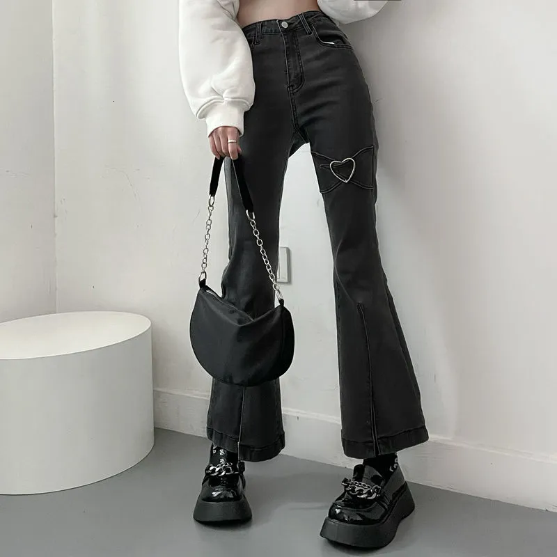 Jeans da donna per donna Pantaloni a zampa di denim nero vintage Pantaloni a vita alta slim a vita alta Harajuku Y2K 230828