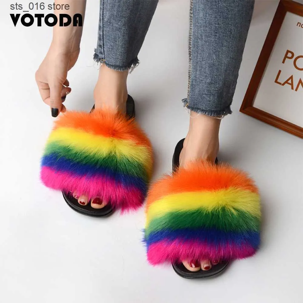 Gökkuşağı sahte renkler kadın terlikler kürklü karışık flip flops moda kız sevimli peluş kabarık ayakkabılar kadın slaytlar T230828 604