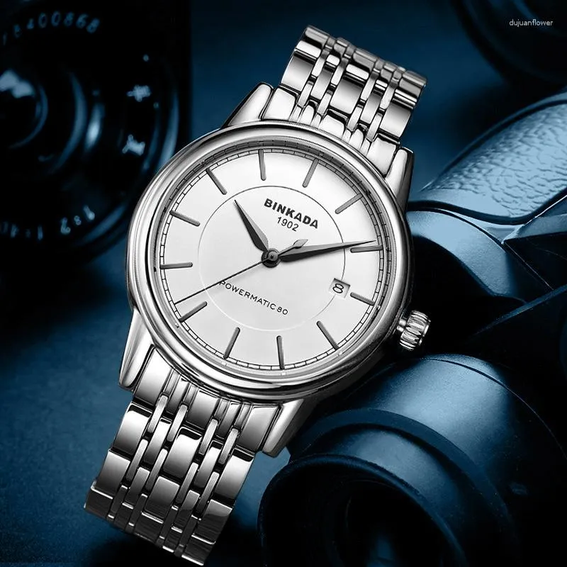 Armbanduhren BINKADA Business Automatikuhr für Männer Mode Kalender Fenster Schwarzes Zifferblatt Casual Lederarmband Mechanisch